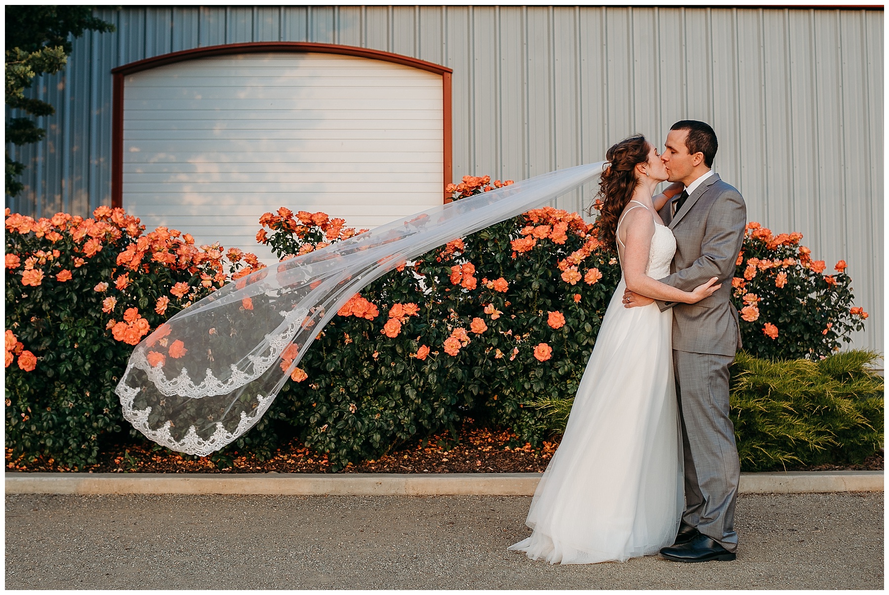 bride and groom formal photos veil