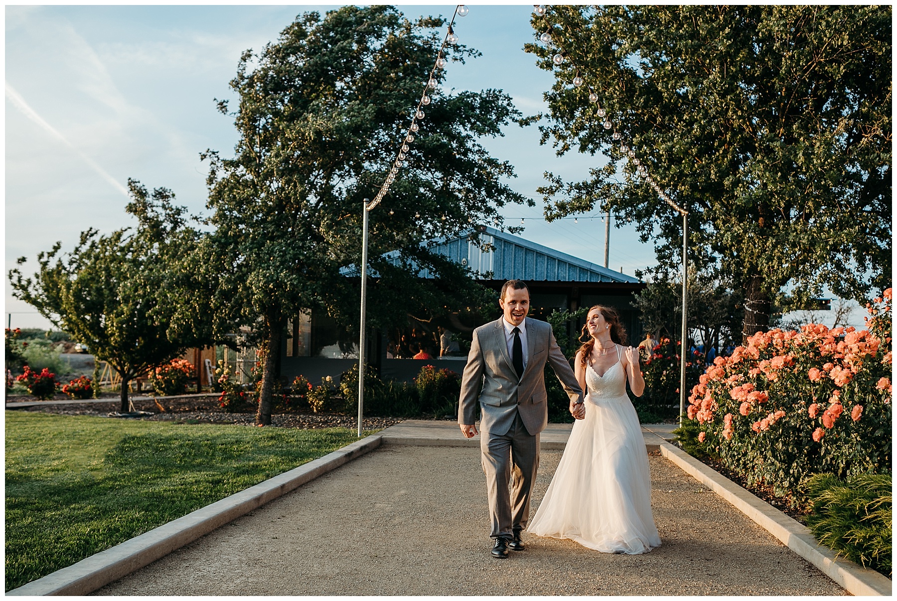 bride and groom walking away Julietta Winery sunset photos