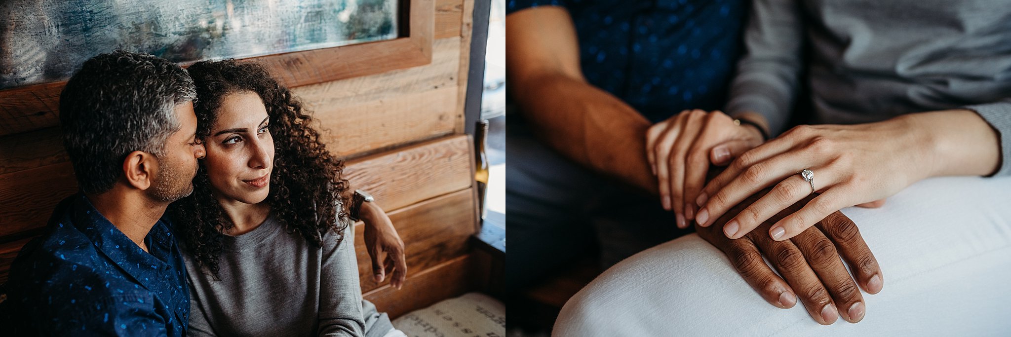 Two side by side images. The first image a couple sits snuggled together on a bench in a wine shop in San Francisco. The second image of the couples hands showcasing the woman's engagement ring in San Francisco.