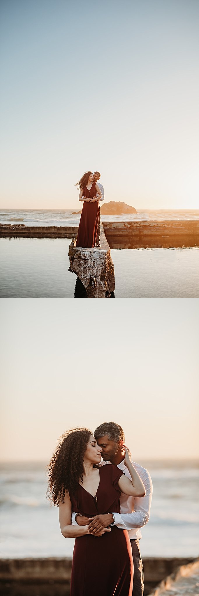 Two images of a man hugging a woman from behind standing on a ledge during their Sutro Baths engagement photoshoot.