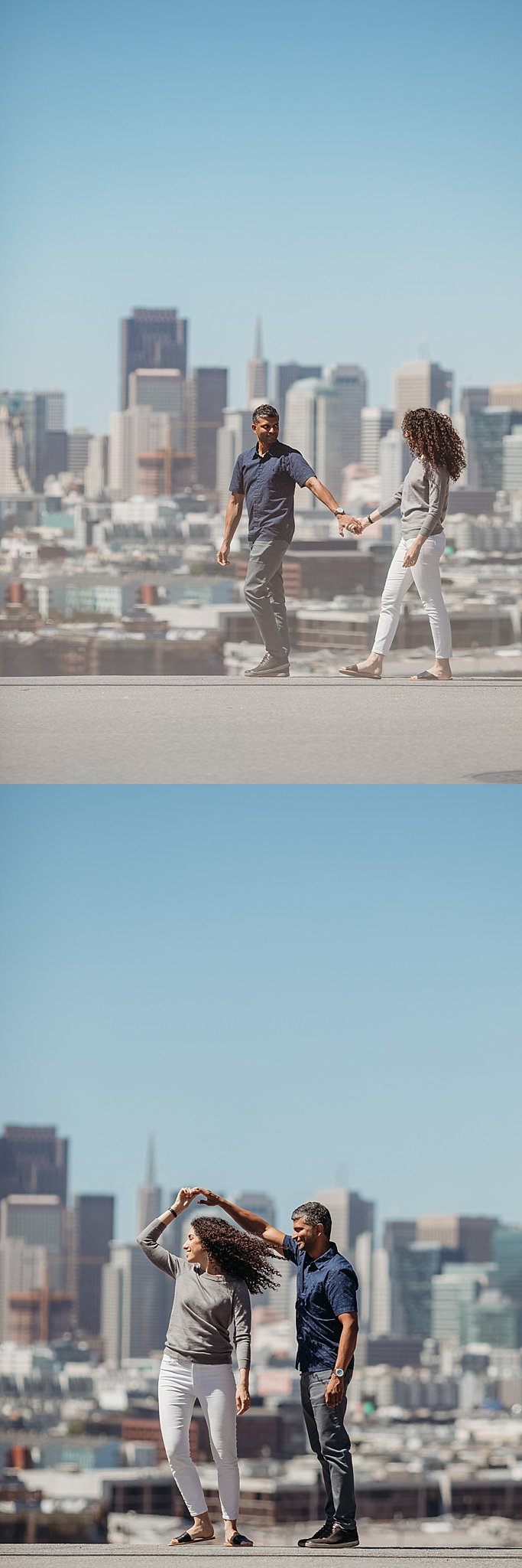 Two images of couple crossing the street with the San Francisco skyline in the background. The first image the couple walks hand in hand. The second image the man spins his fiance.