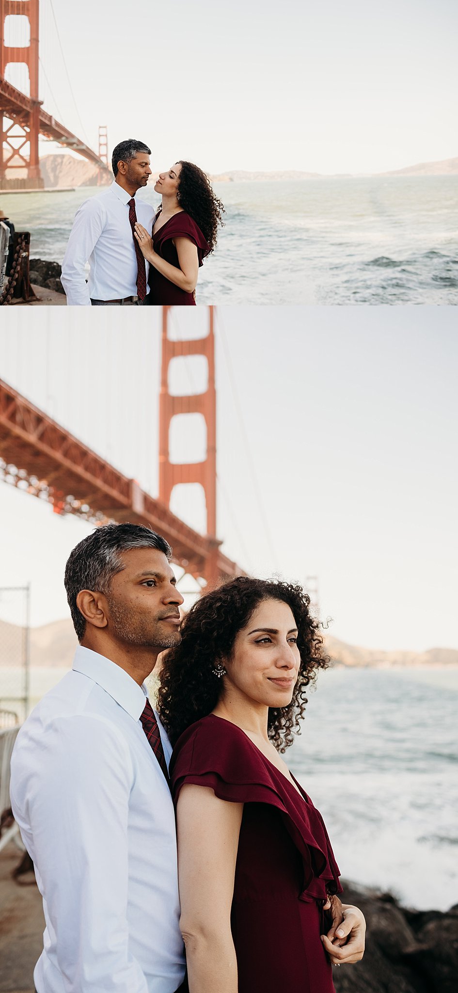 Couple stands in an embrace with the Golden Gate Bridge in the background during their Fort Point San Francisco engagement photoshoot.