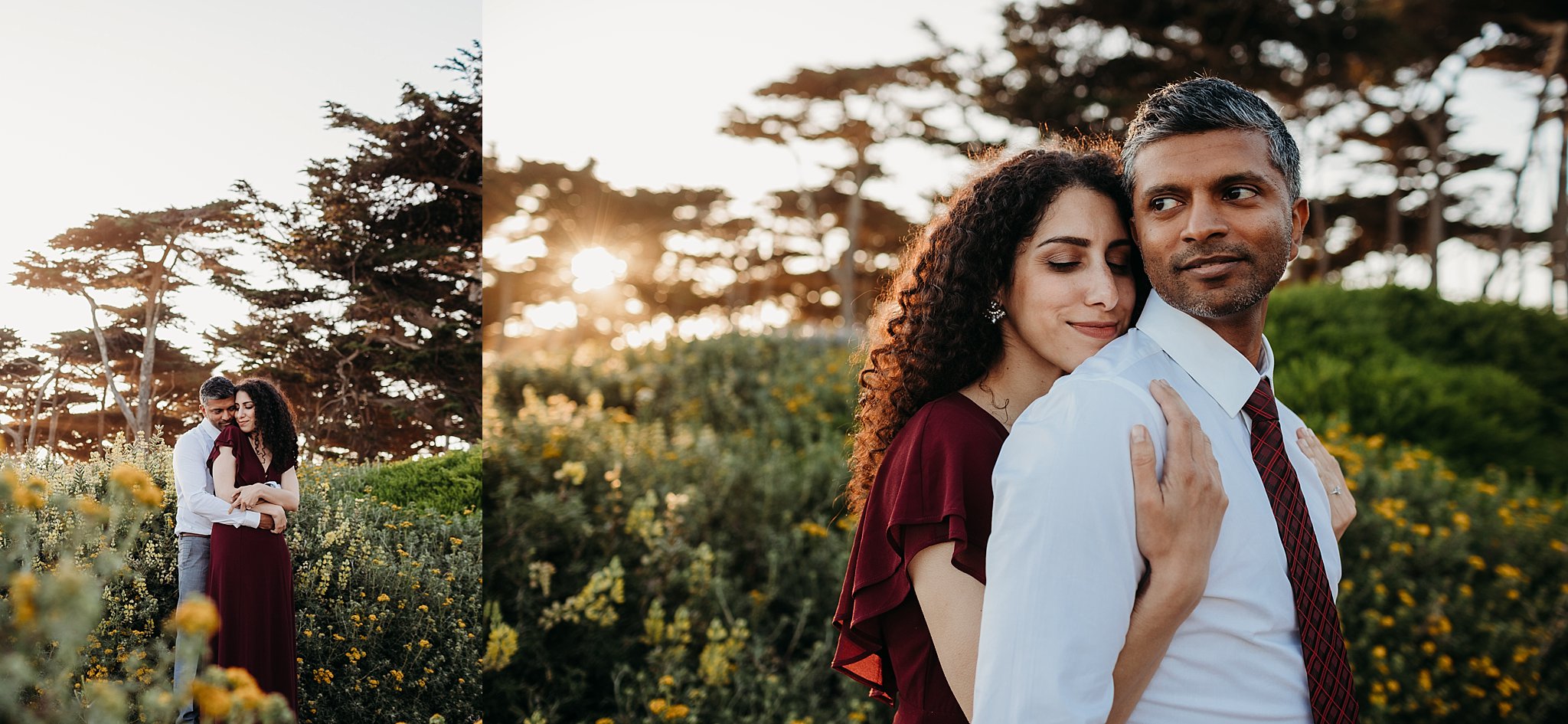 Two images of couple in a field of yellow flowers on their San Francisco engagement photoshoot. The first image the man hugs the woman from behind and the second image the woman hugs the man from behind