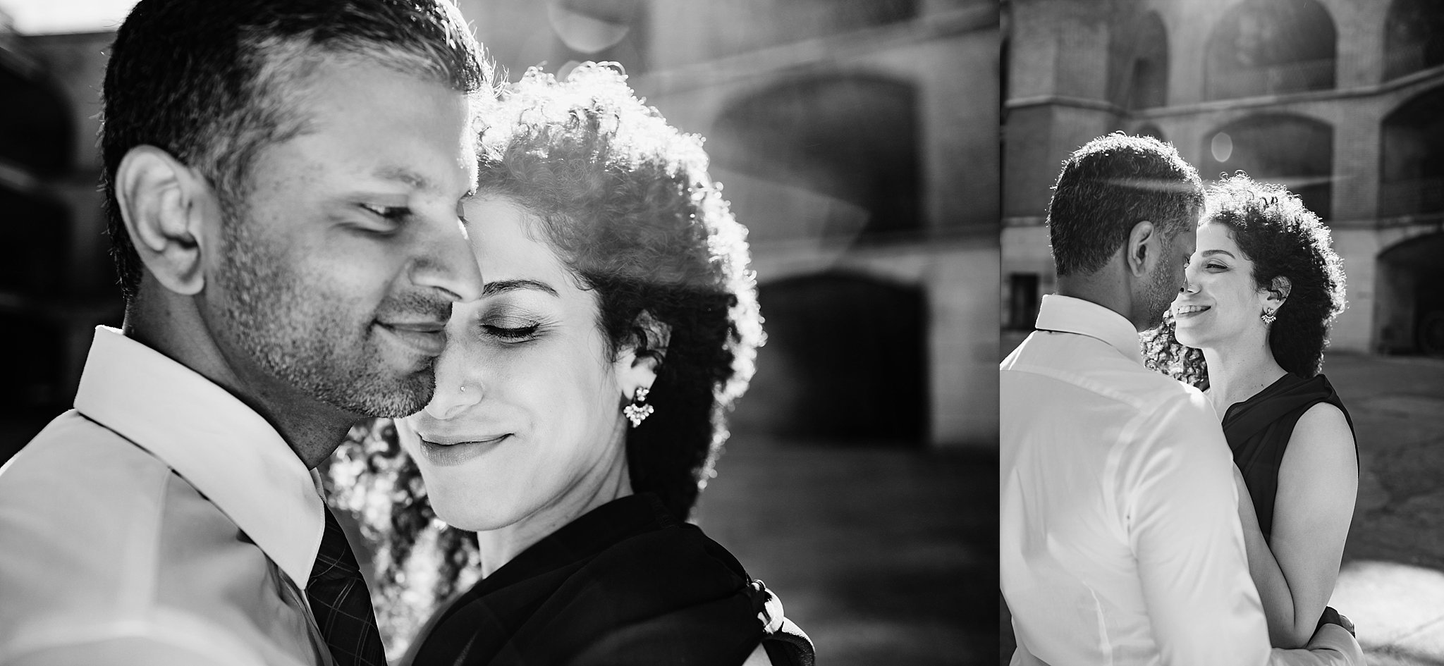 Two close up black and white images of couple gazing lovingly at each other during their Fort Point San Francisco, CA engagement photoshoot.