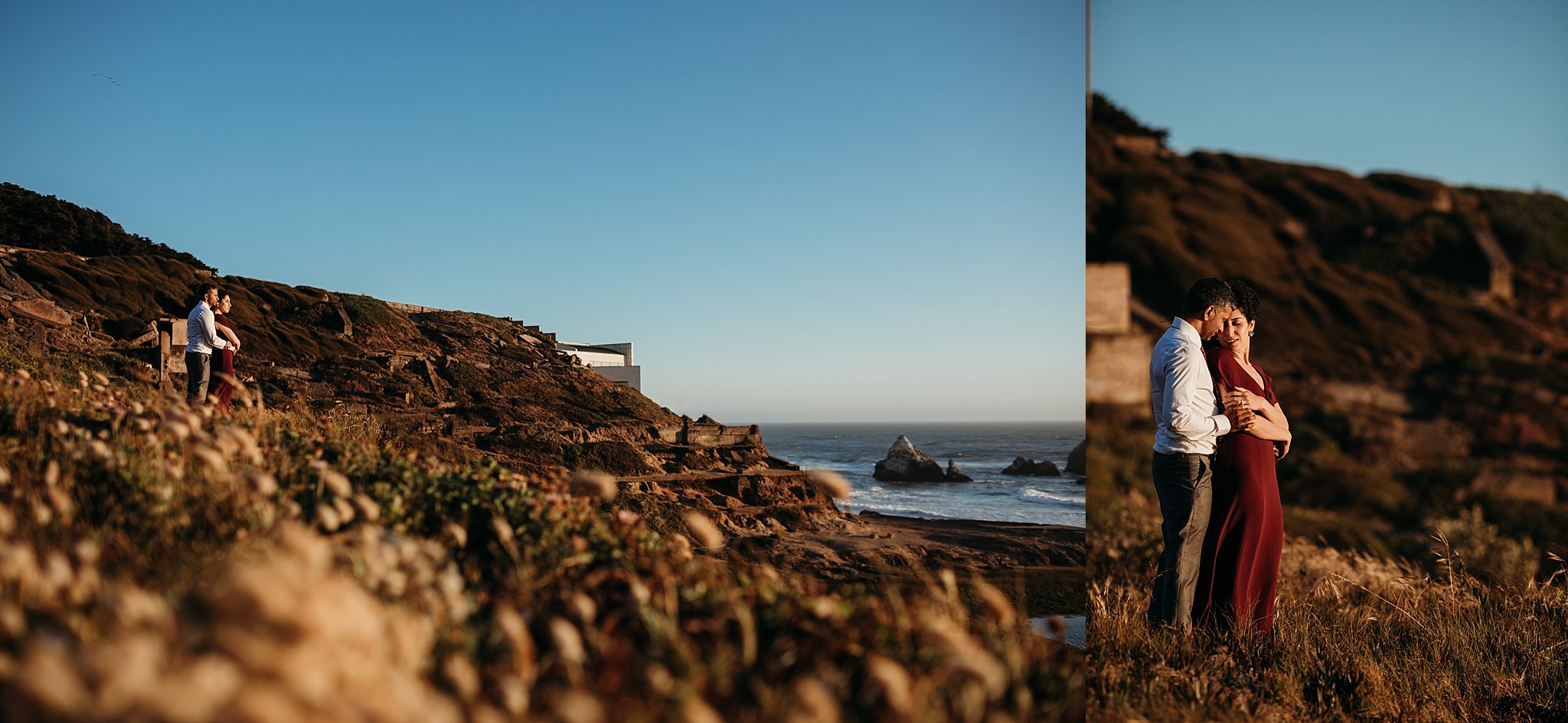 Two images of couple on their engagement photoshoot at Sutro Baths standing in the coastal brush overlooking the Pacific Ocean