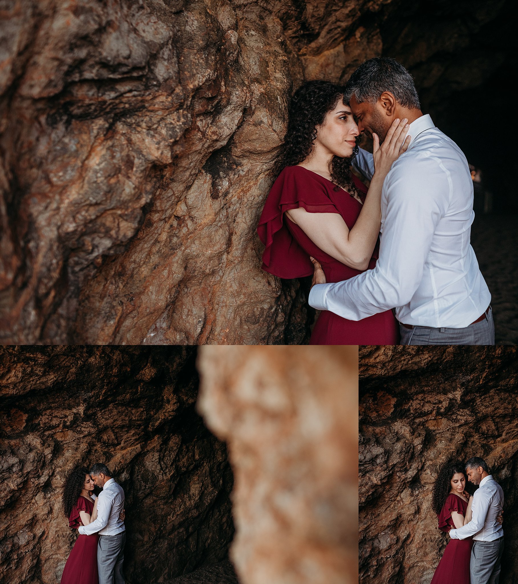 Three images of couple standing in a seductive embrace against a rocky beach wall during their Sutro Baths San Francisco engagement photoshoot.