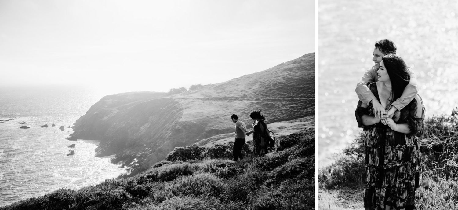 Two black and white images of a couple's Rodeo Beach engagement session. The first image, the couple walks down a bluff overlooking the Pacific Ocean. The second image the man hugs the woman from behind while gazing out over the ocean.