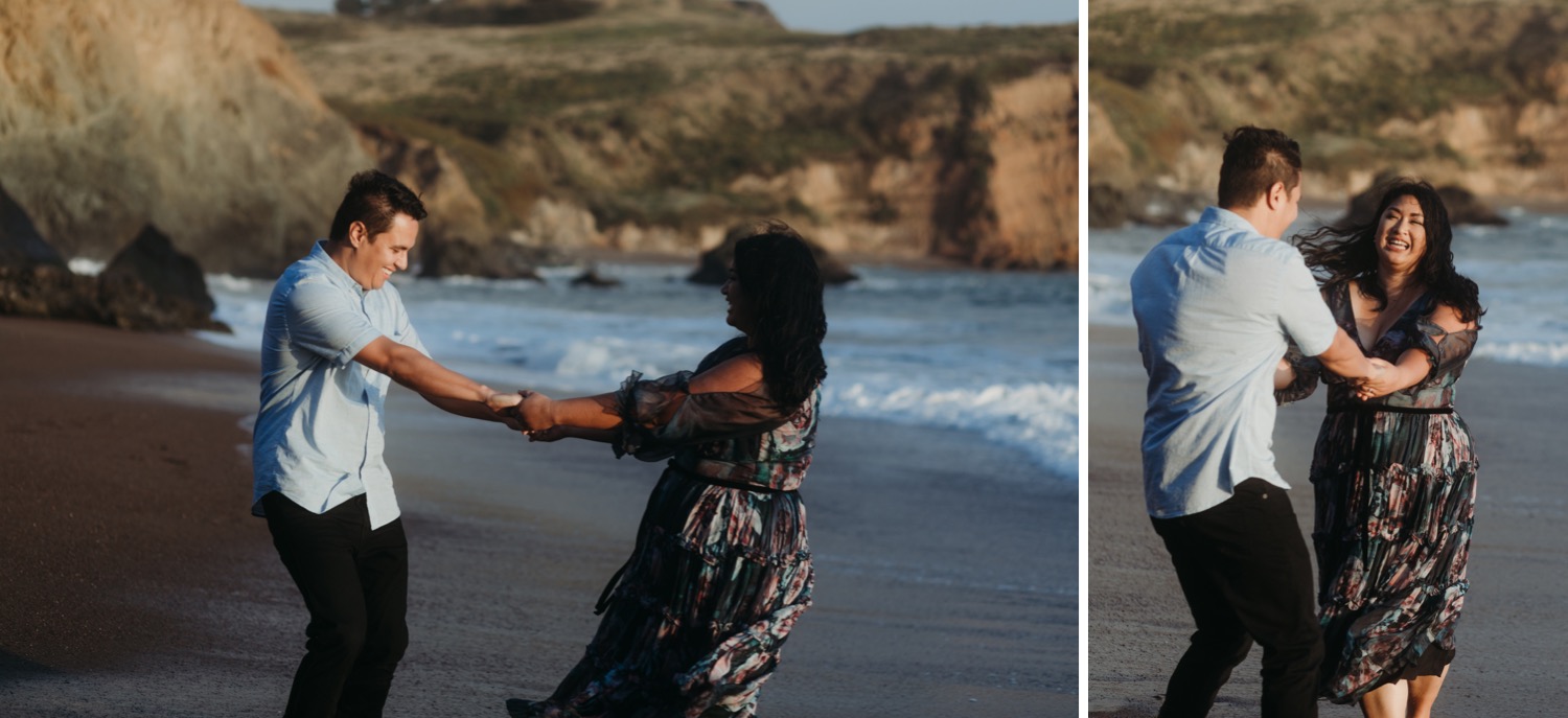 Two images of couple holding hands and spinning around on Rodeo Beach during their sunset engagement photoshoot.