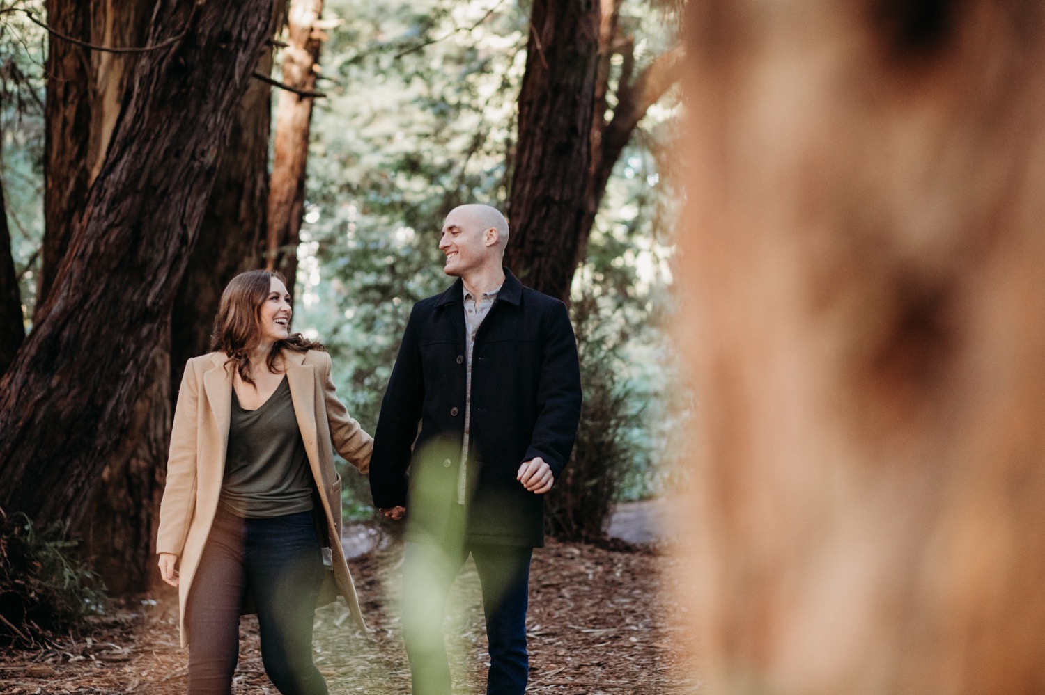 Couple walks in the Golden Gate Park Redwoods on their engagement photoshoot.
