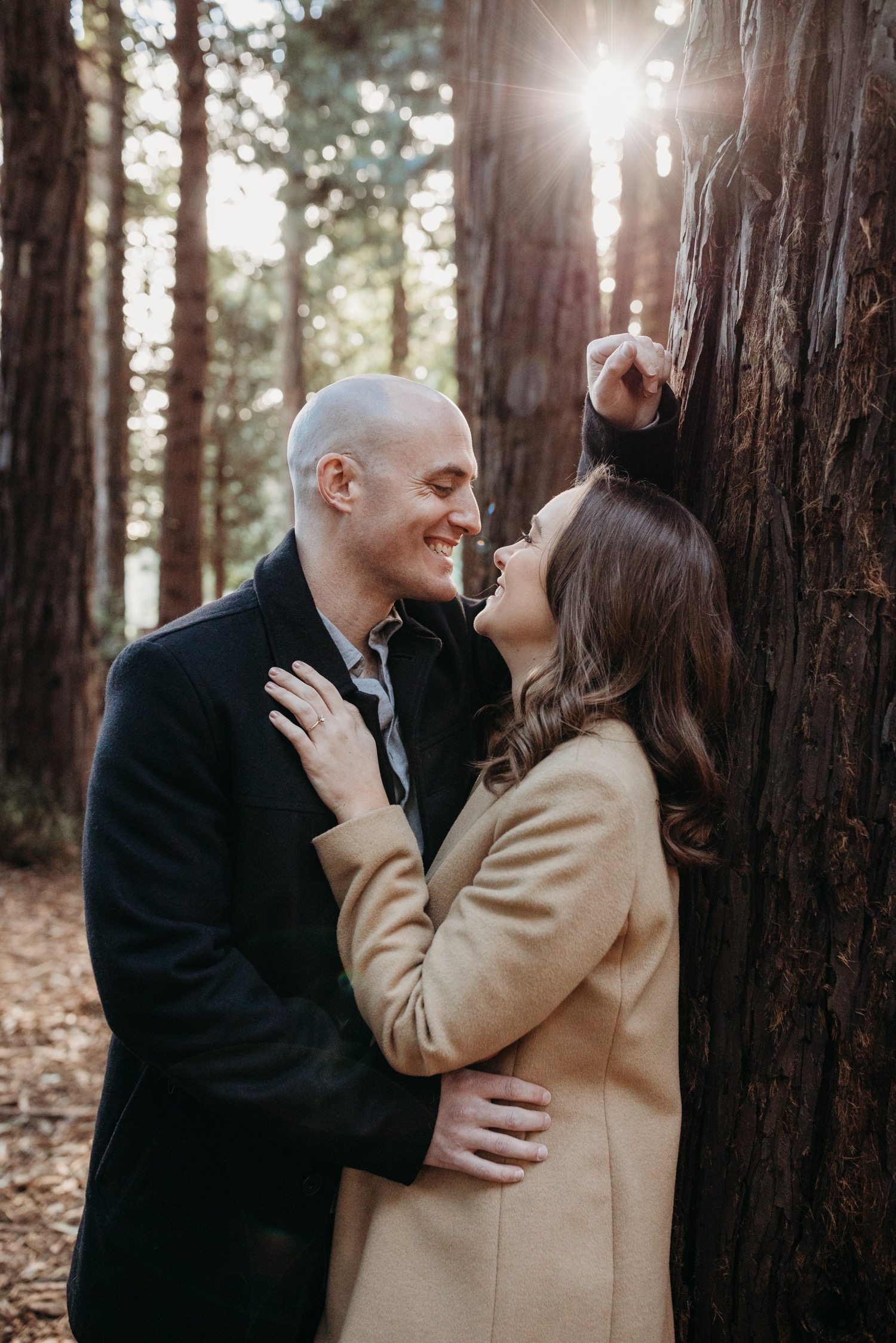 Woman leans against tree as man leans in to kiss her during their redwoods engagement photoshoot in San Francisco.
