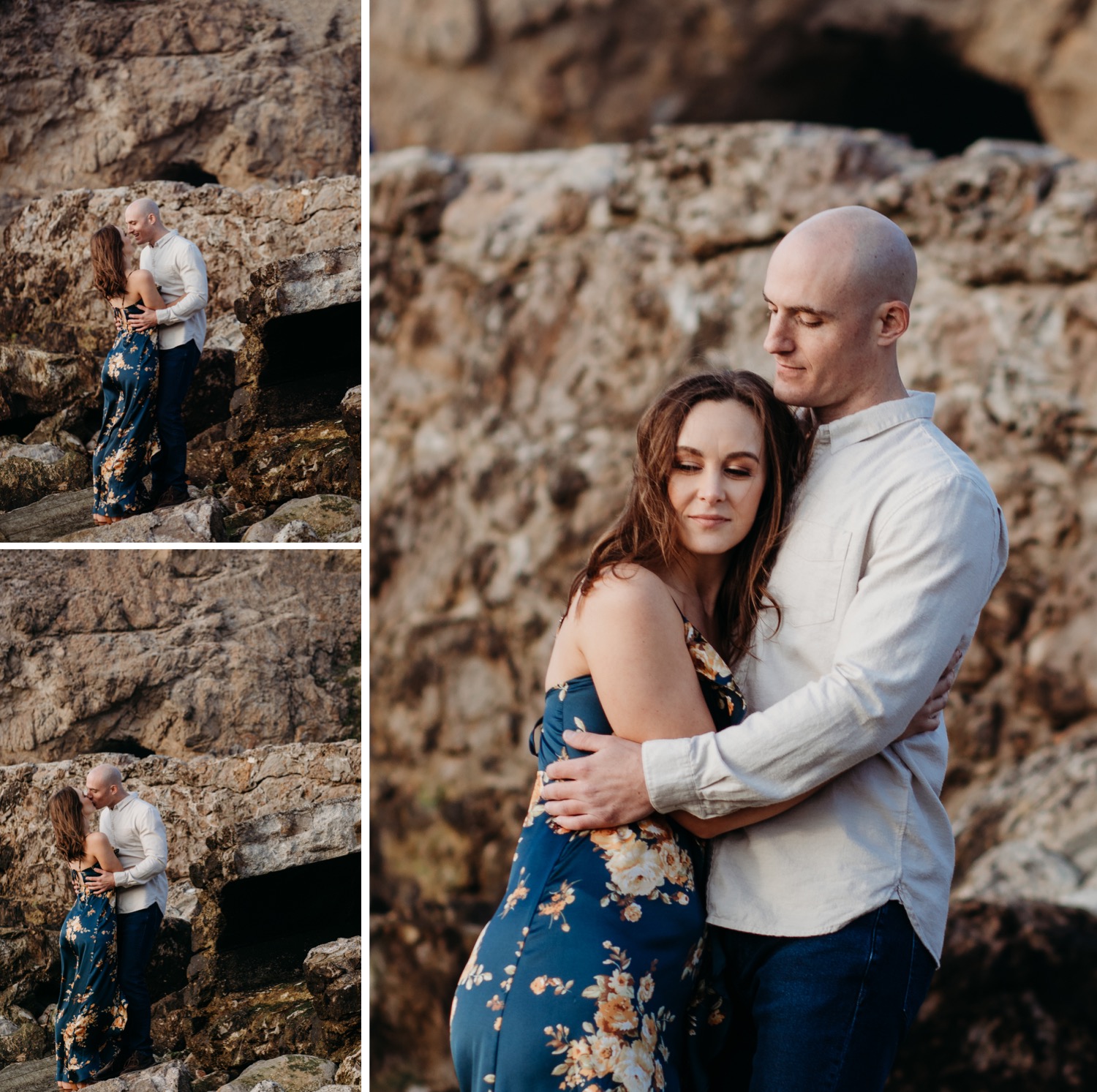 Couple hugs in front of rocky cliff on their Sutro Baths engagement photoshoot.