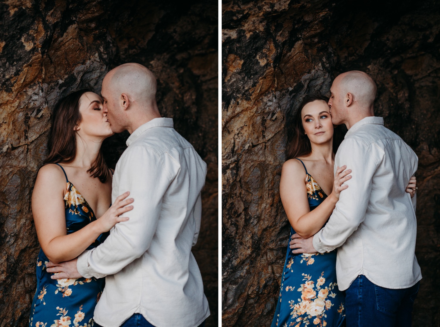 Couple kisses against rocky cave during their Sutro Baths engagement photos.