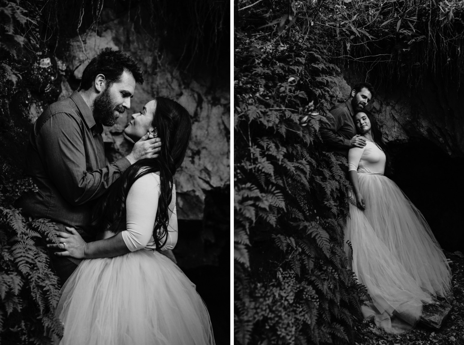 Couple stands in an embrace against foliage during their forest engagement photoshoot.