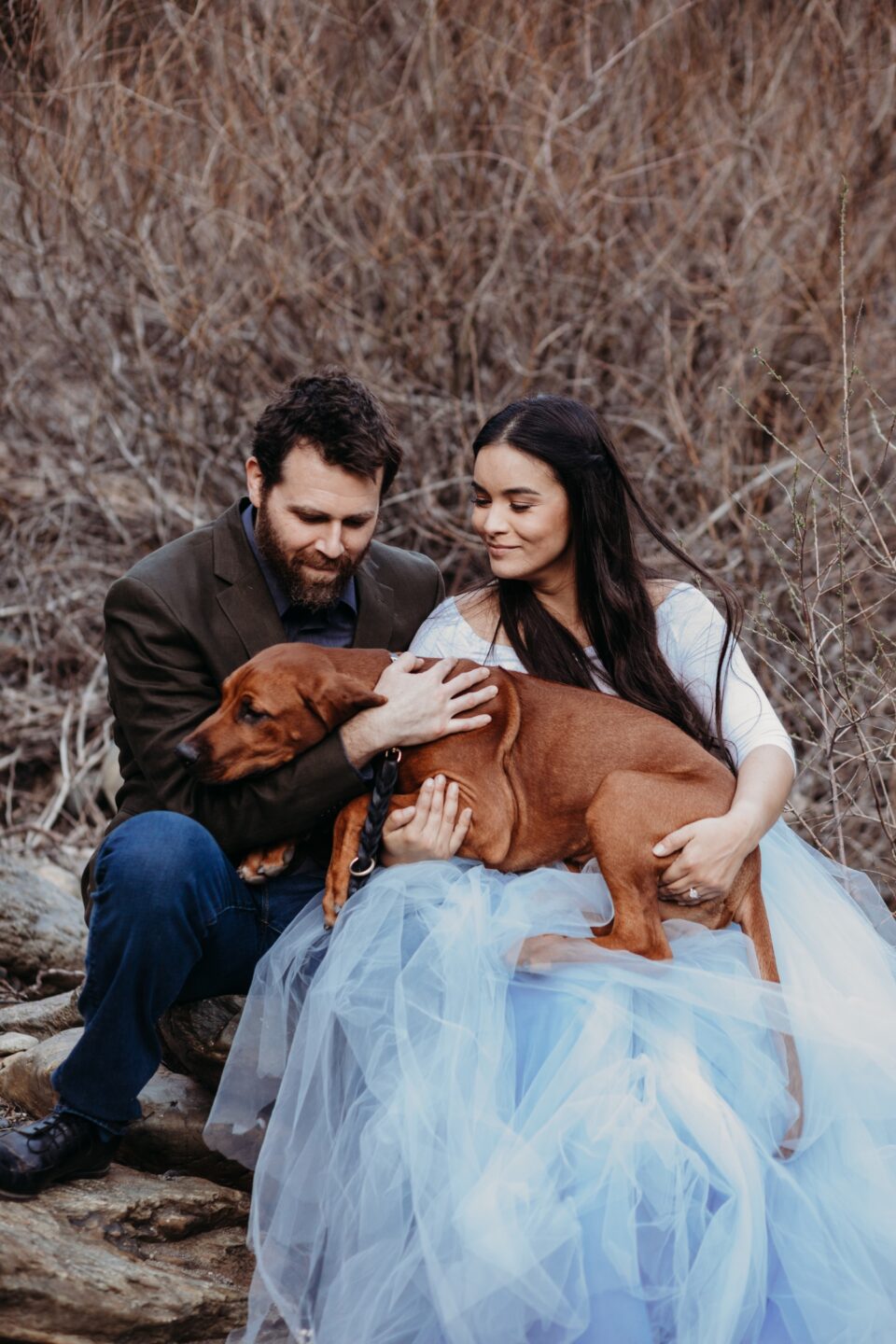 Couple sits on hiking trail holding their cute brown dog during their American River engagement photoshoot. 