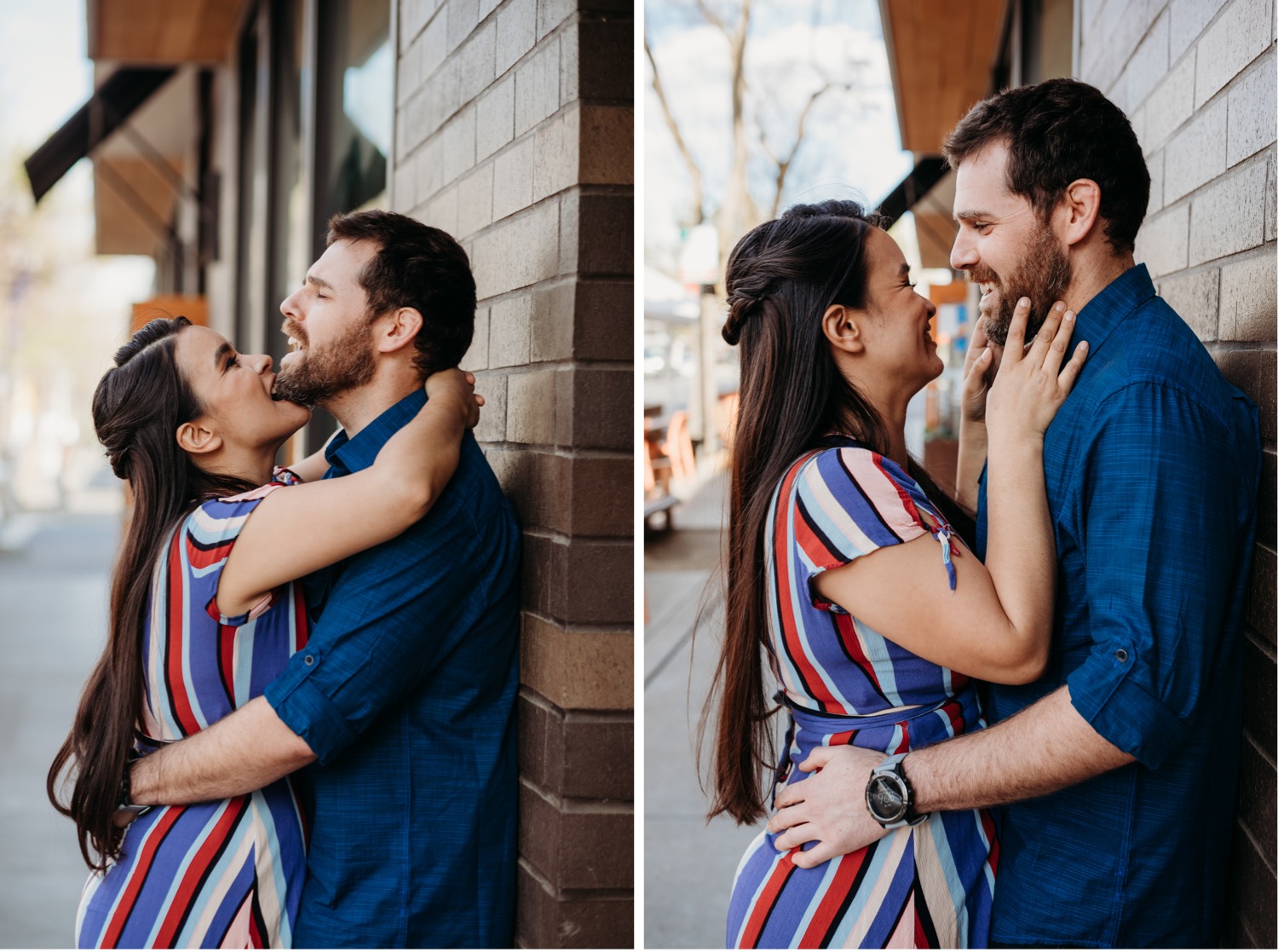 Couple gets playful with each other during their engagement photos in Davis, CA.