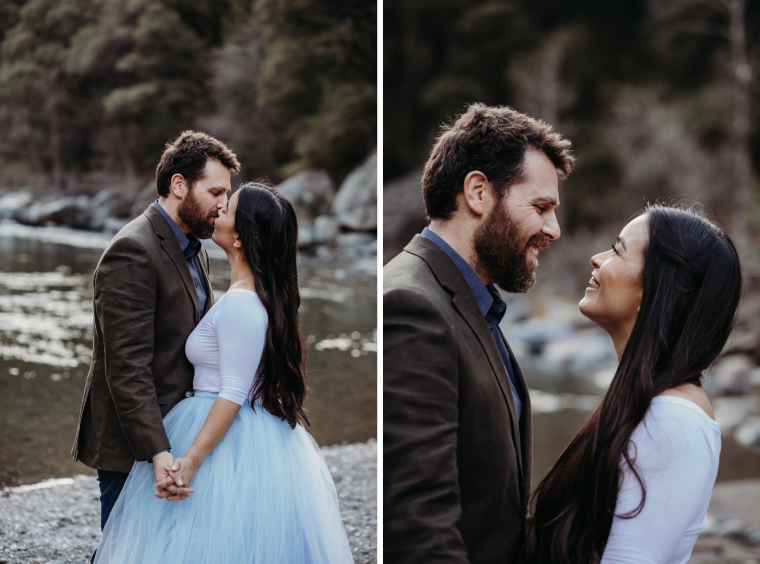 Couple kisses alongside the American River during their outdoor engagement photoshoot.