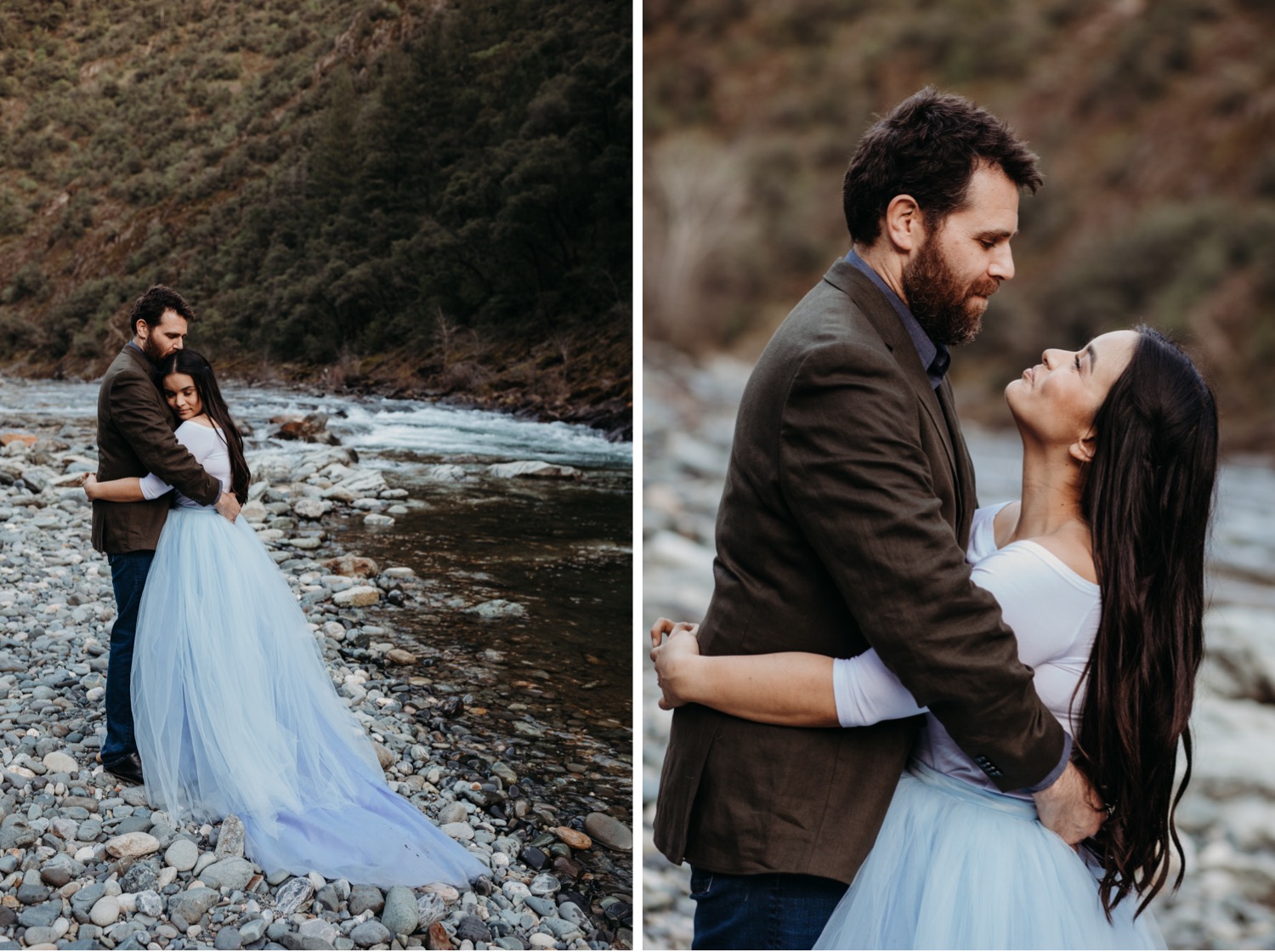Couple embraces on the banks of the American River during their Sacramento engagement photos.
