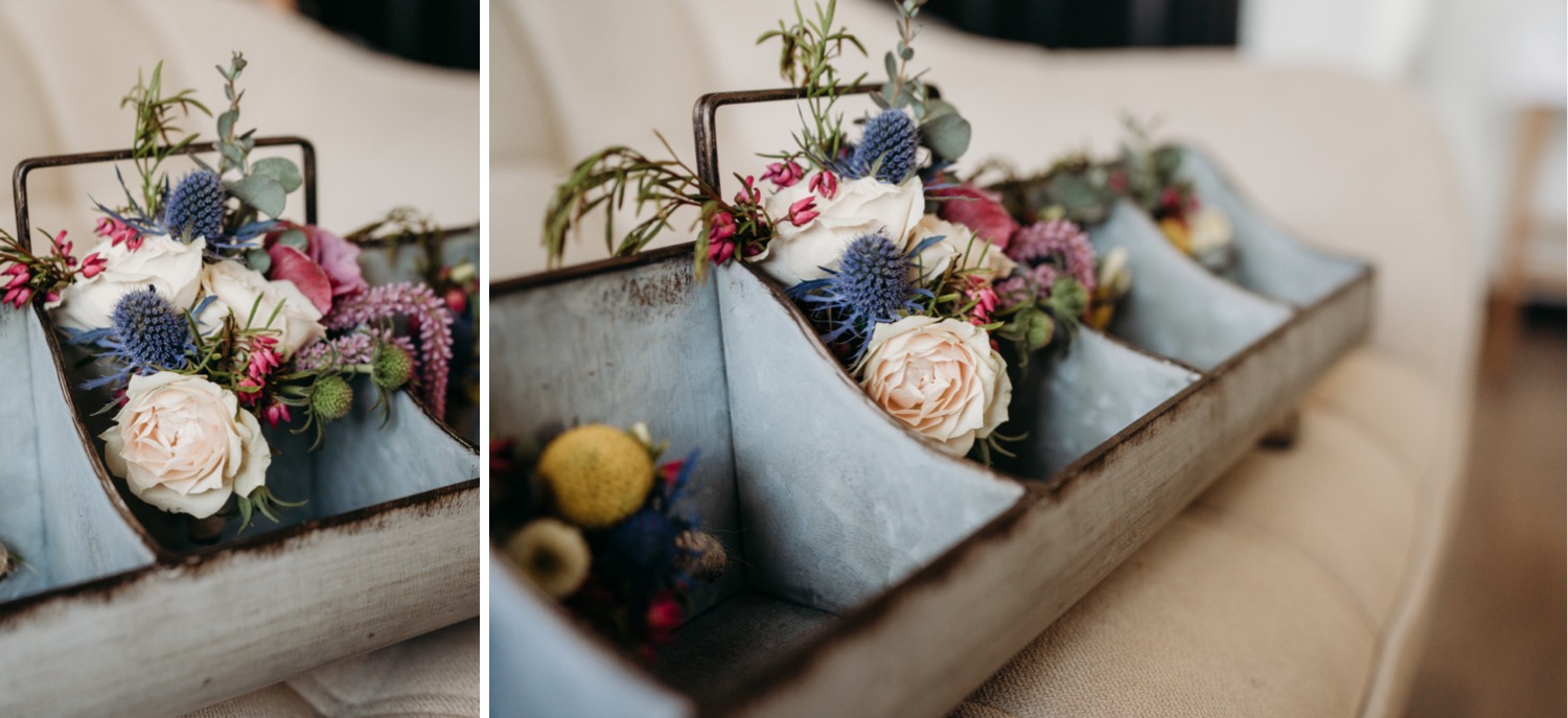 Florals in an antique silver box. Liz Koston Photography.