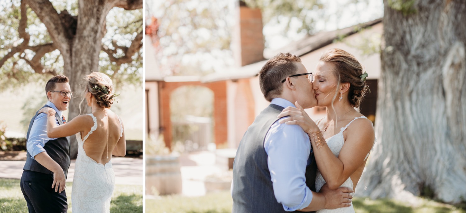 Brides do a first look and share a big kiss. Liz Koston Photography.