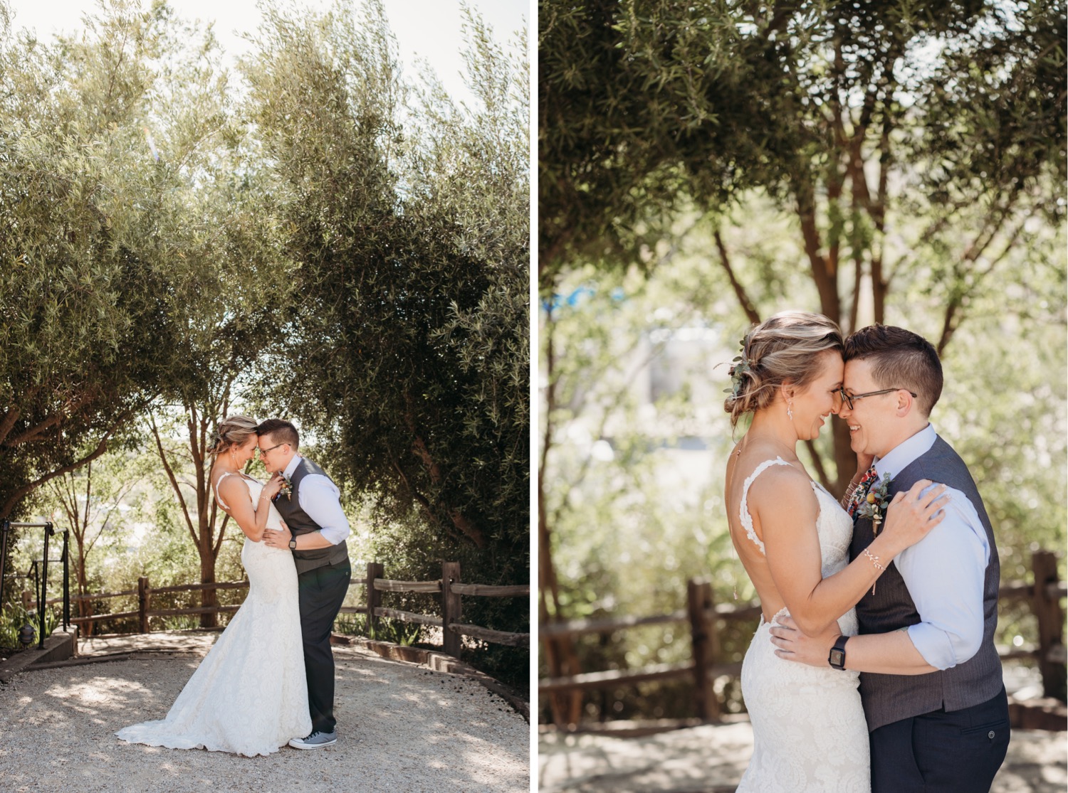 Brides embrace in the center of a tree lined path. Liz Koston Photography.