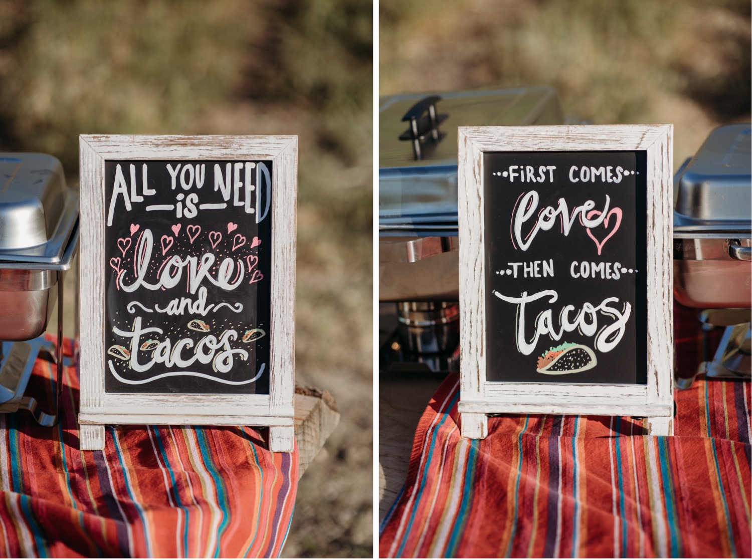 Wedding signs saying "All you need is love and tacos" and "First comes love, then comes tacos". Liz Koston Photography.