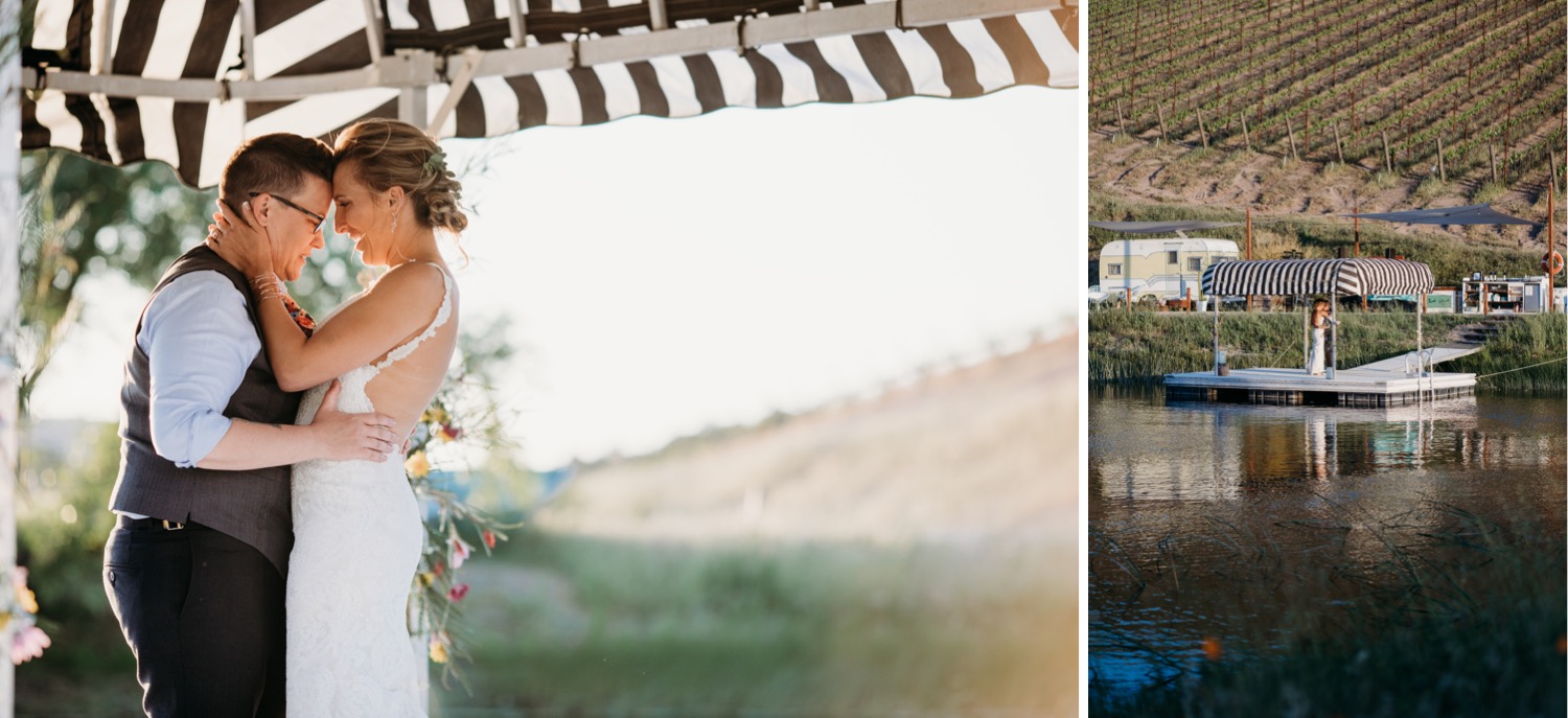 Couple embraces in wedding attire overlooking the Alta Colina Trailer Pond. Liz Koston Photography.