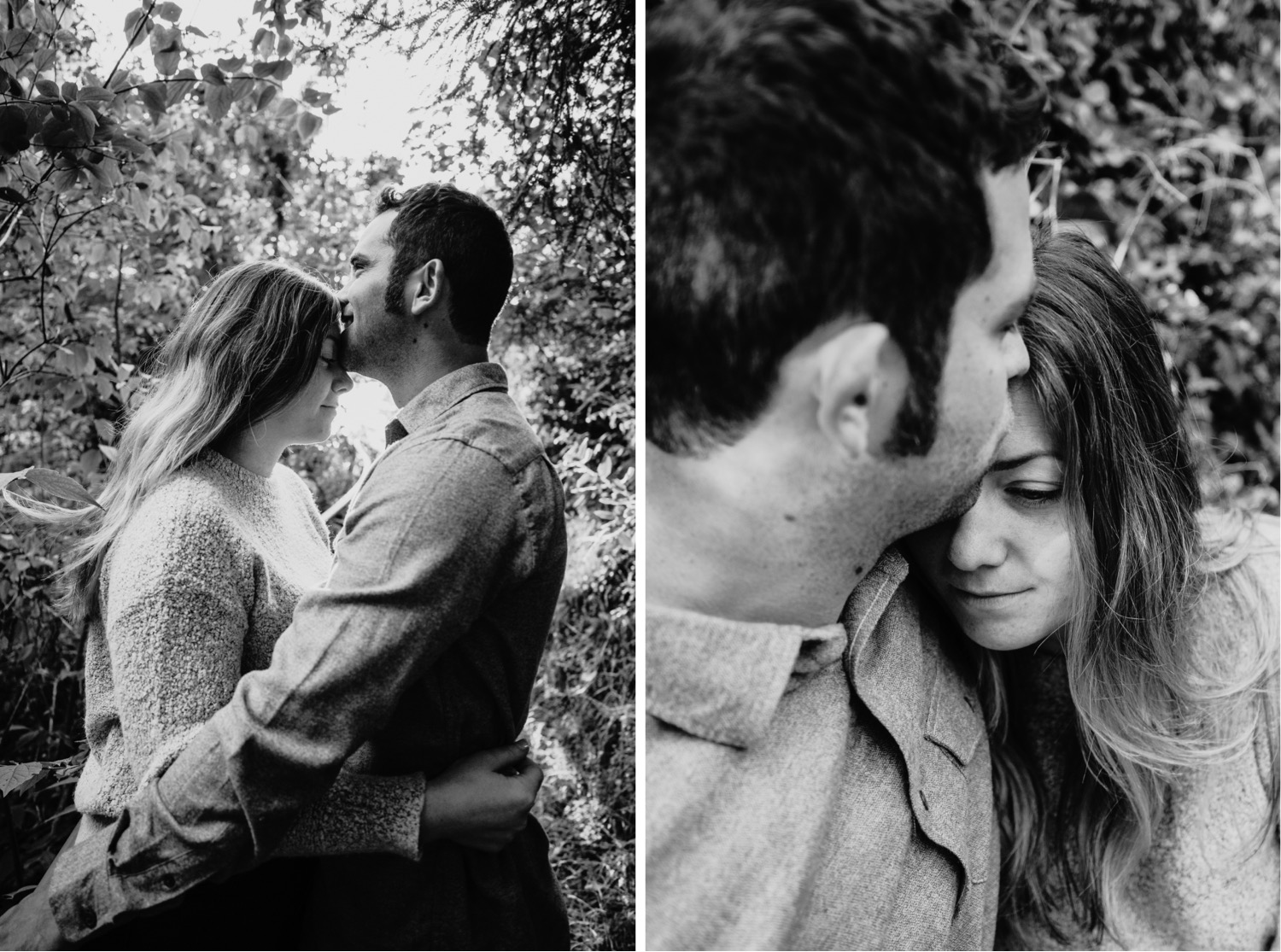 Two black and white images of a couple's Big Sur engagement photoshoot. In one photo the couple embraces and the man kisses his fiance's forehead. In the second photo the woman rests her head on her fiance's shoulder and he kisses her forehead.