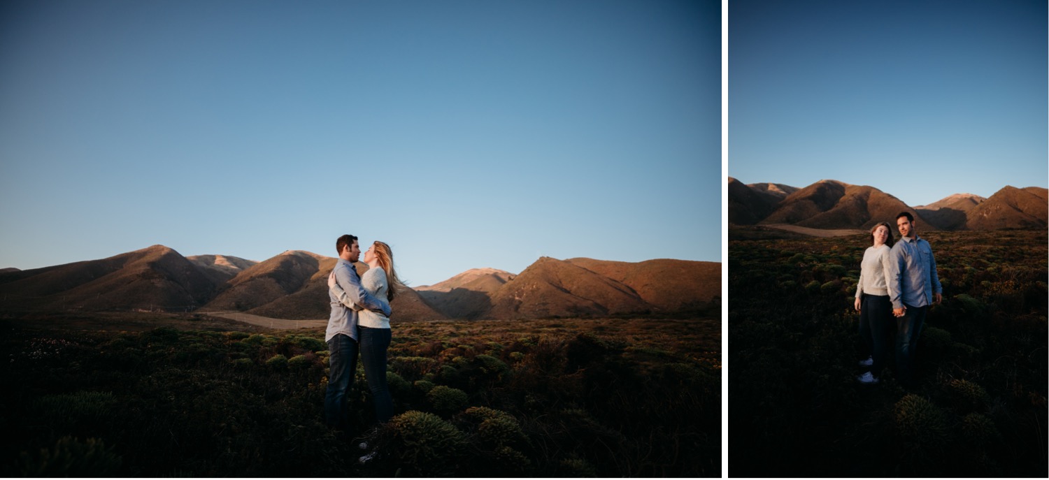 Two images of a couple during their Big Sur engagement photoshoot. In one photo the couple embraces looking at each other. In the second photo the couple stand shoulder to shoulder holding hands while surrounded by the mountains in Big Sur, California.