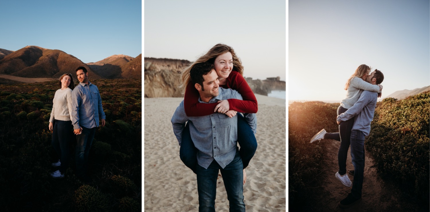 Three images of a couple's engagement photoshoot in Big Sur, California. The first image, the couple stands shoulder to shoulder holding hands. The second photo the man gives the woman a piggy back ride on the beach. The third photo the man lifts his fiance up as the kiss at sunset in Big Sur.