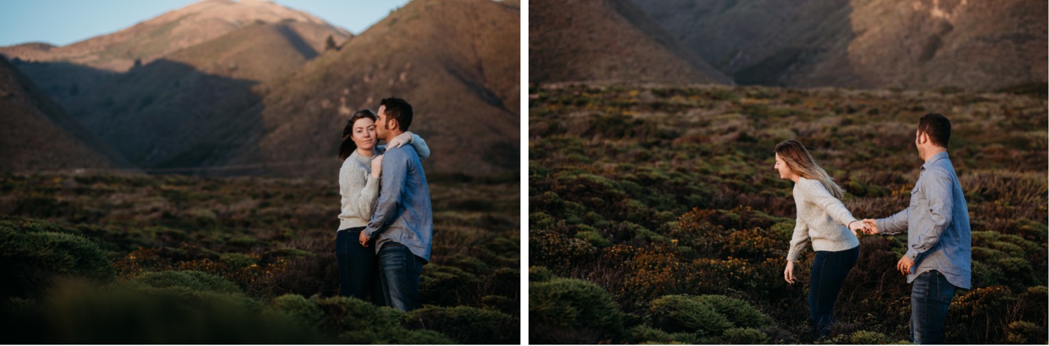 Two photos of a couple's engagement photoshoot in Big Sur, California. In one photo the couple embrace as the man kisses his fiance's forehead. In the second photo the woman leads her fiance down the trail by hand.