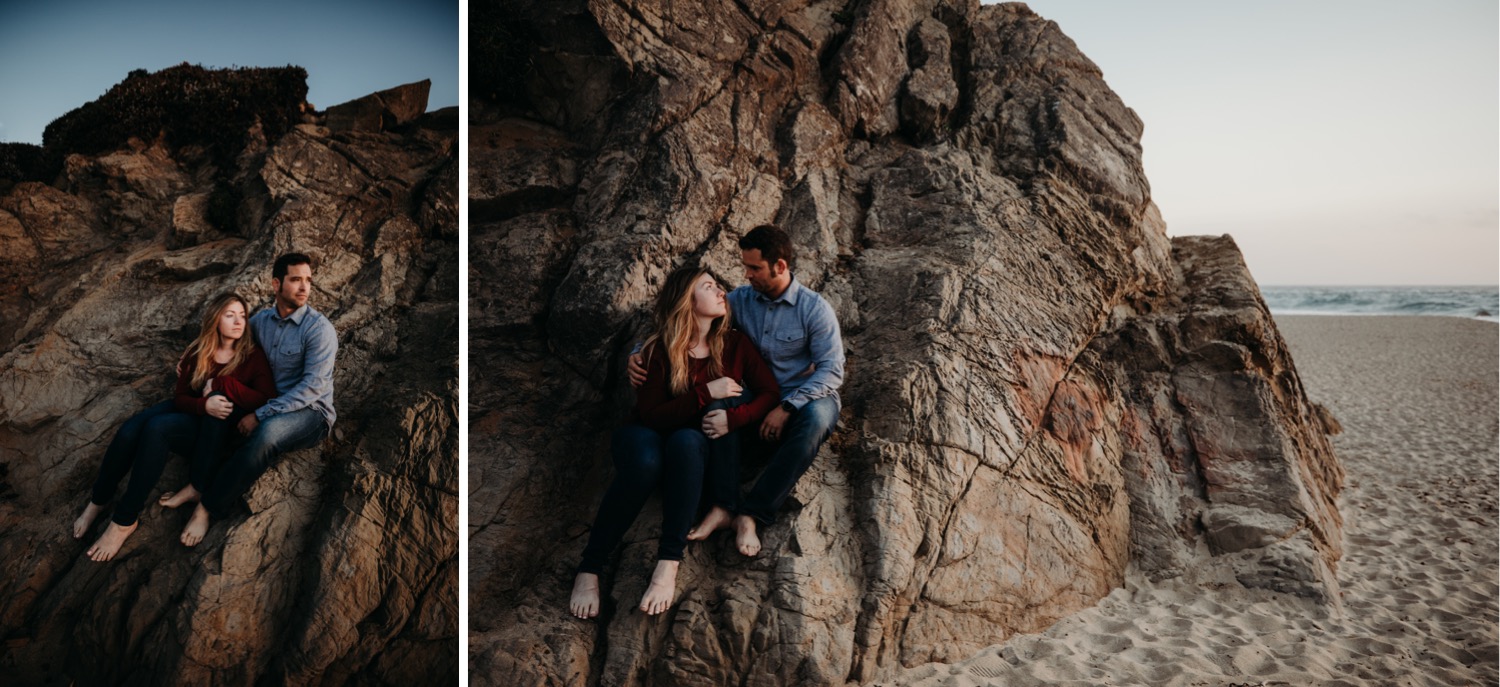Two photos of a couple sitting on rocks by the beach during their engagement photoshoot in Big Sur. In one photo they both gaze towards the ocean. In the second photo they gaze lovingly at each other.