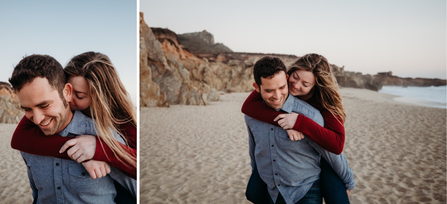 Two photos of man giving woman a piggy back ride on the beach during their engagement photoshoot in Big Sur. In one photo the woman nuzzles the mans neck and in the other they gaze at each other lovingly.