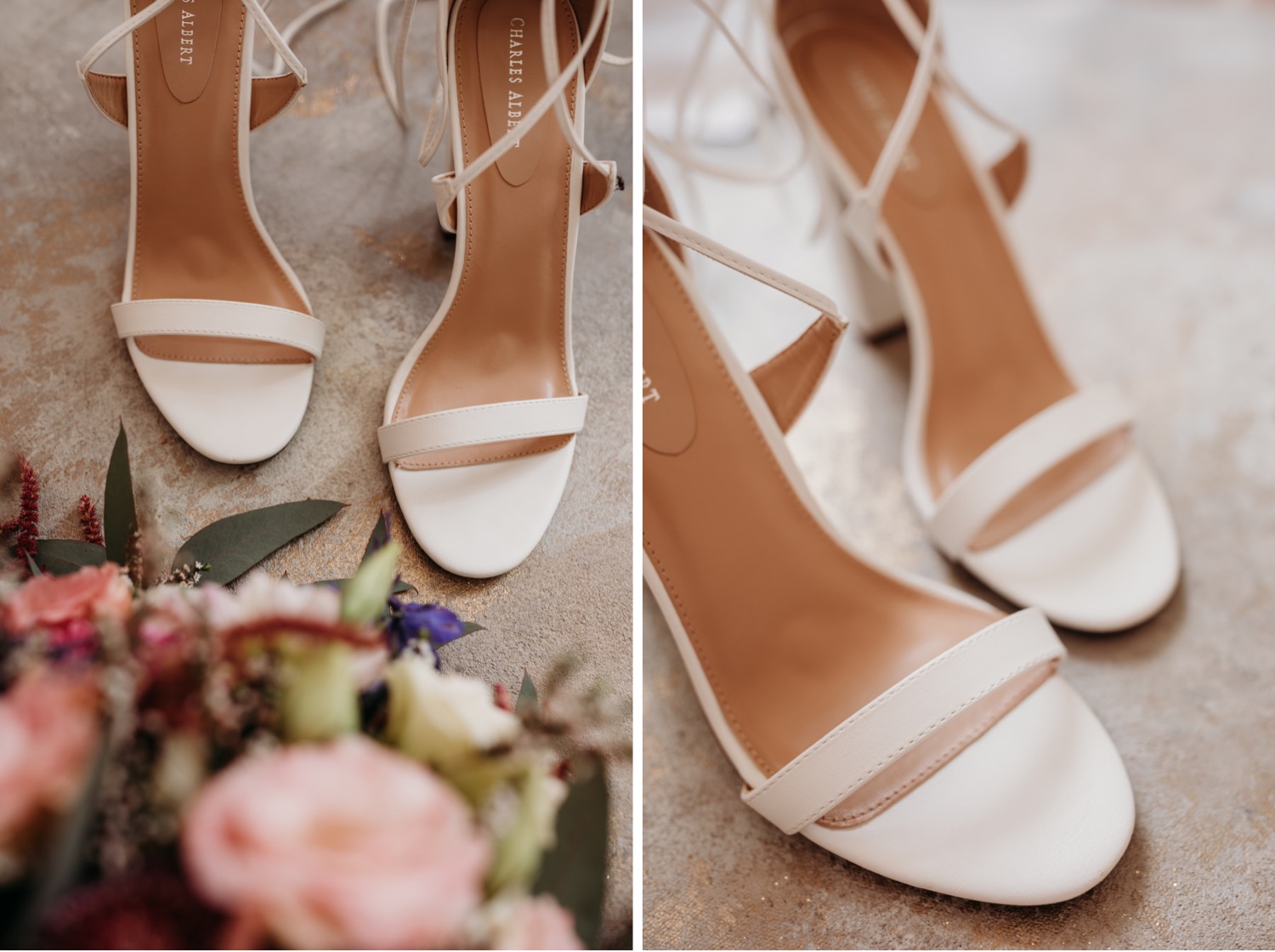 Bride's white high heel wedding shoes. Alayna and Trey's wedding at The Maples in Woodland, CA. 