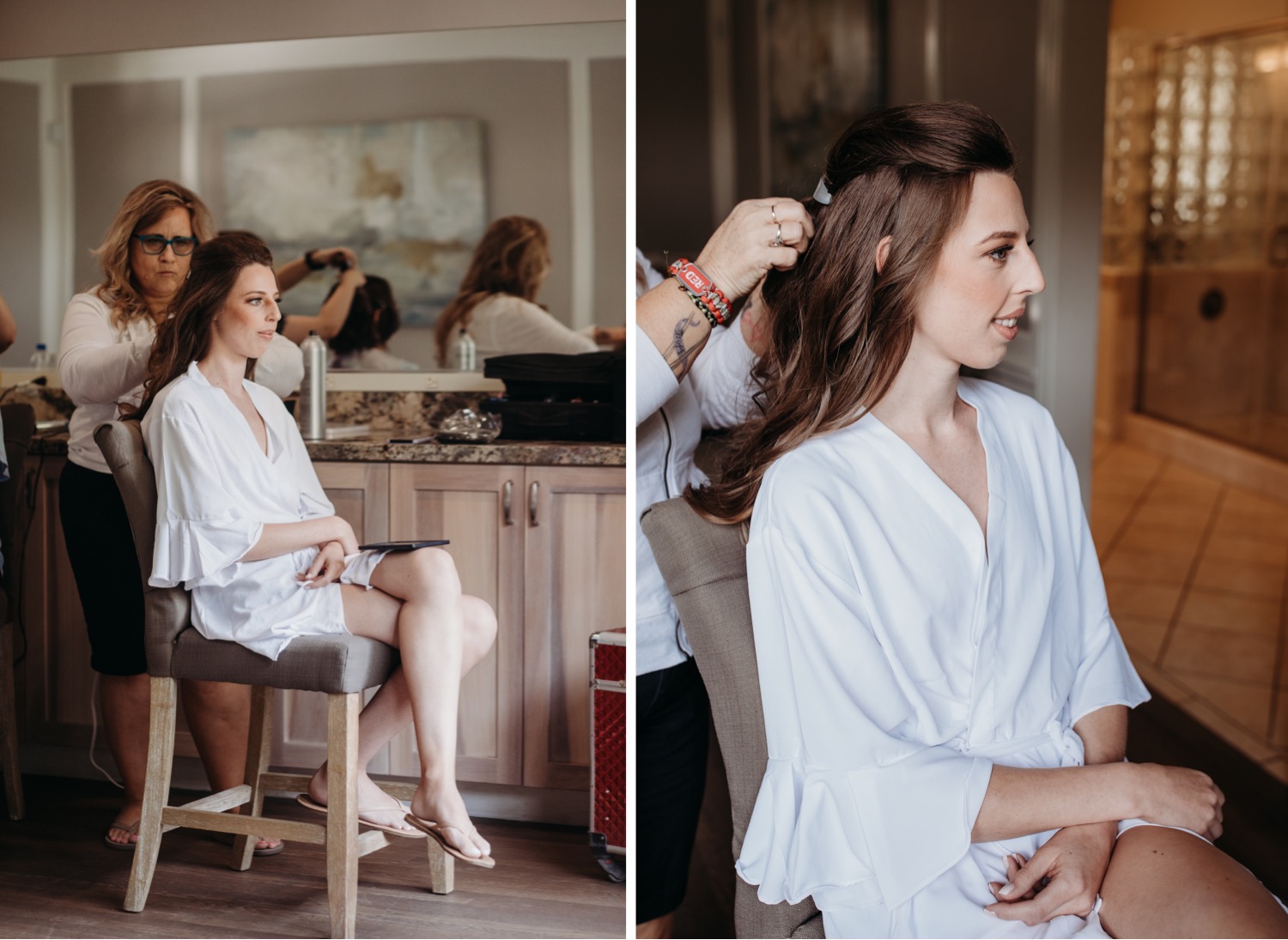 Bride getting her hair done before her wedding at the Maples in Woodland, CA