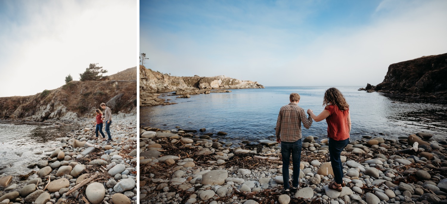 Two images of couple on their Salt Point Park engagement photoshoot. Both the couple walks hand in hand over a rocky beach in Salt Point Park, CA