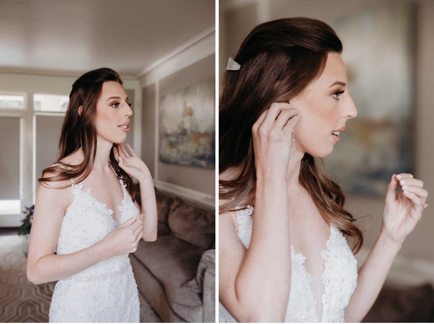 Bride puts on her pearl earrings as she gets ready for her wedding at The Maples in Woodland, CA