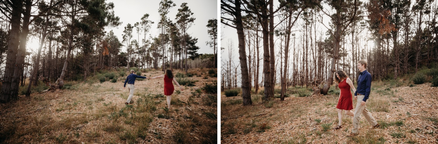 Two images of couple holding hands walking through the forest on their Salt Point Park engagement photoshoot.