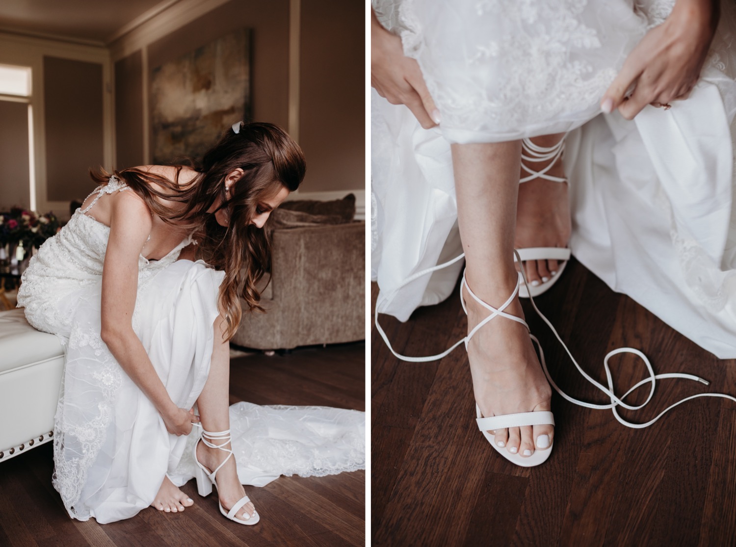 Bride laces up her wedding shoes as she gets ready for her wedding at The Maples in Woodland, CA