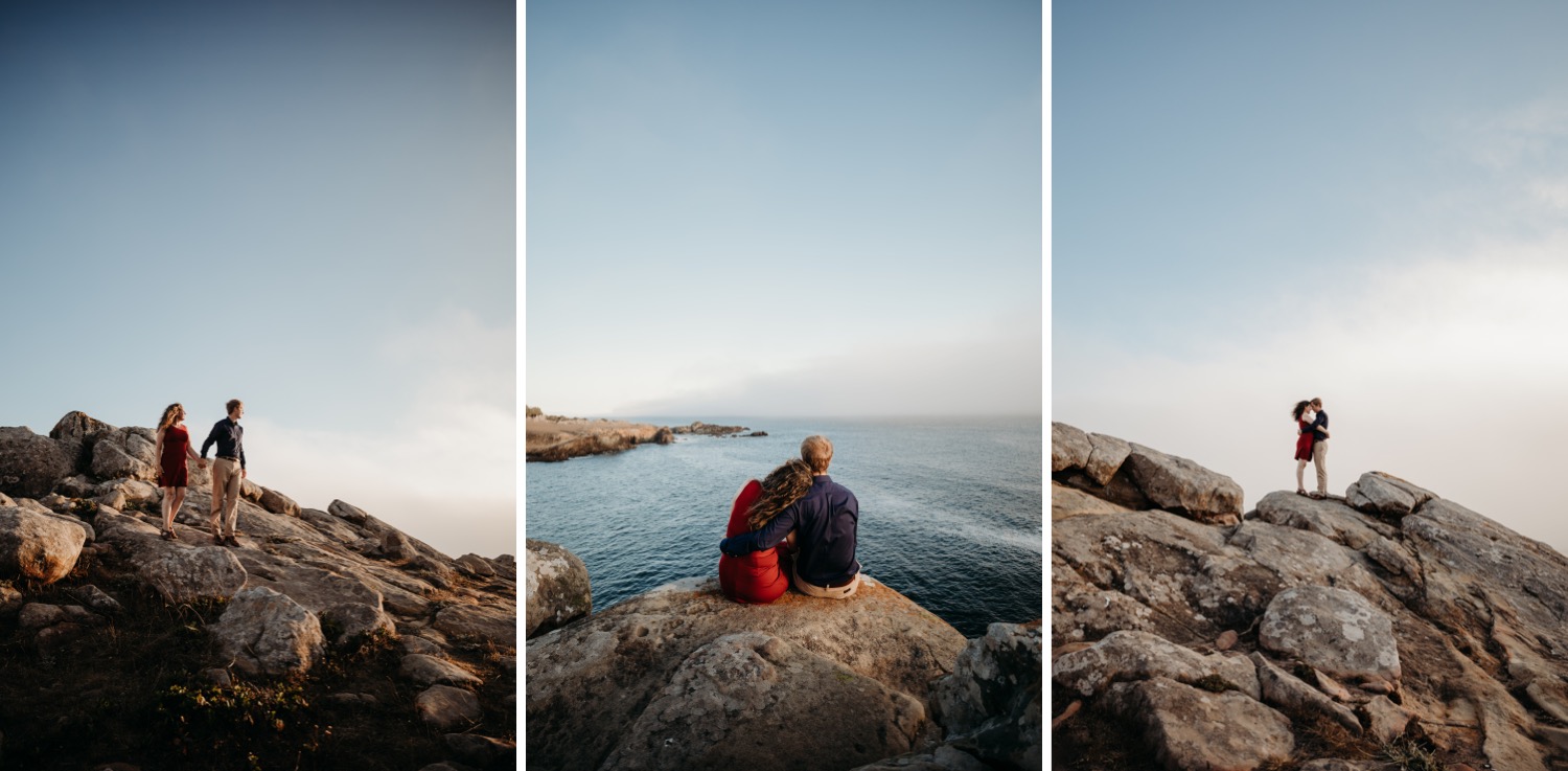 Three images of a couple during their engagement photoshoot in Salt Point Park, CA. The first image the couple stands on a rocky cliff holding hands. The middle image, the couple sits together on a rock overlooking the Pacific Ocean. In the third picture, the couple embraces with heads touching on a rocky cliff.