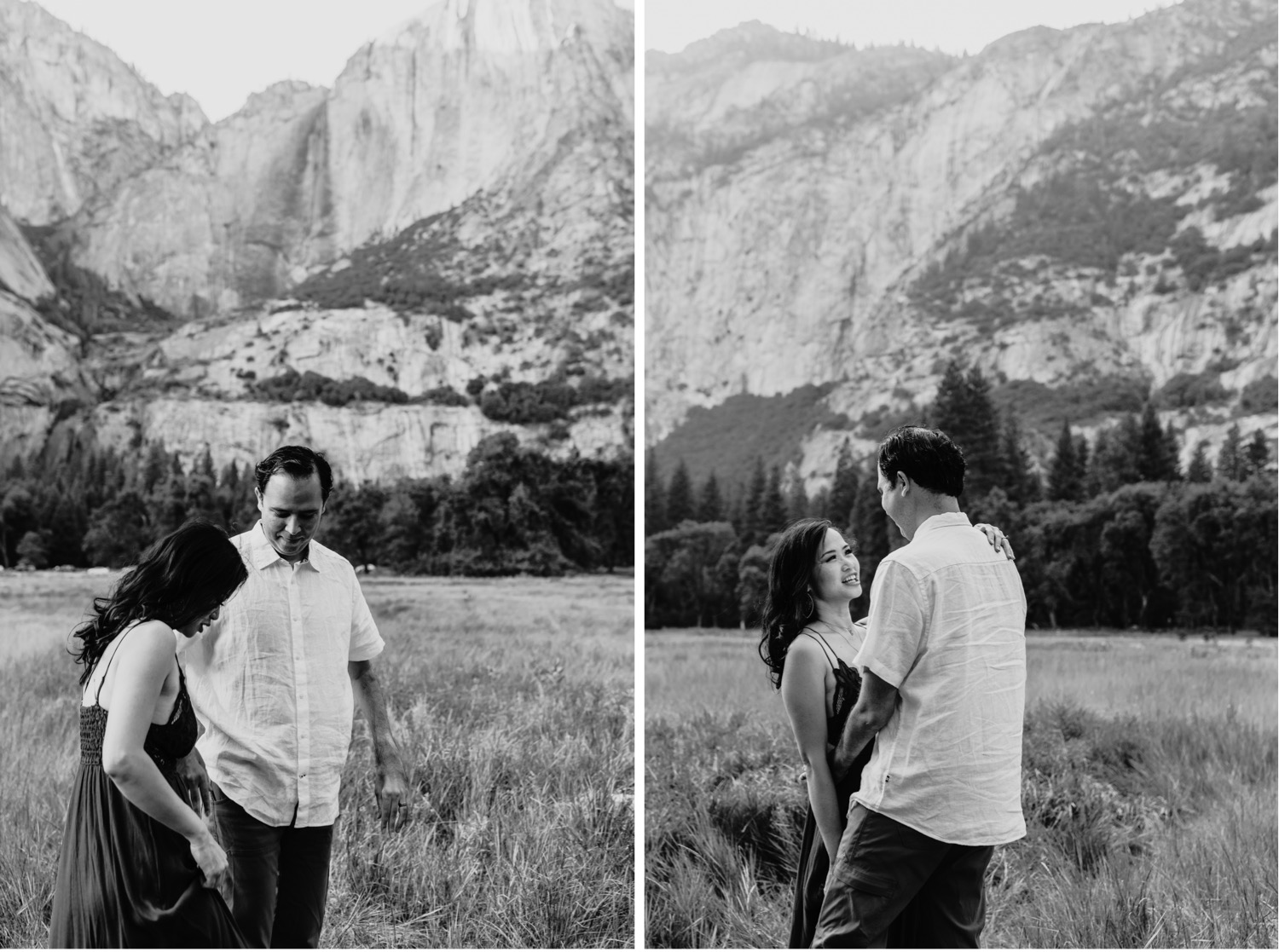 Two black and white images of a couple during their Yosemite Valley couples photoshoot.