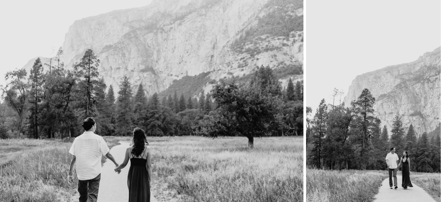 Two black and white images of couple holding hands walking down a path in Yosemite National Park
