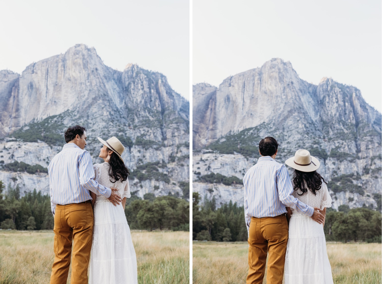 two images of couple gazing at the Yosemite landscape during their Yosemite couples photoshoot. 