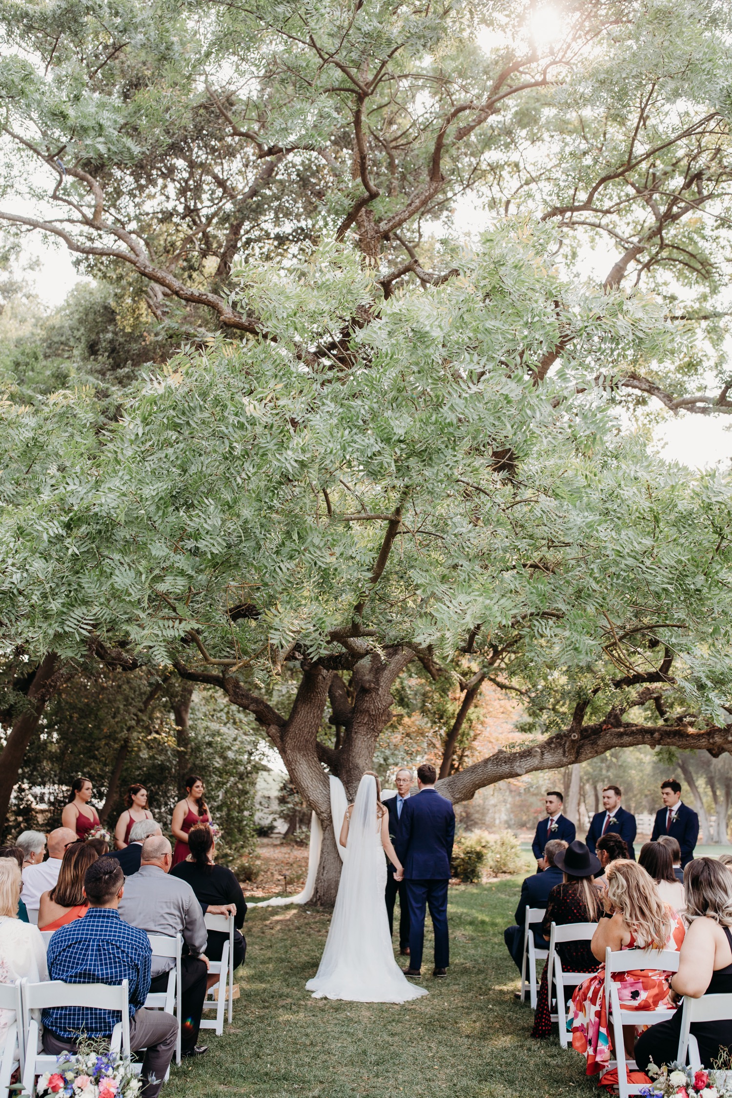 Bride and groom stand at the altar under tall green trees in front of their guests for their wedding ceremony. Alayna and Trey's wedding at The Maples in Woodland, CA