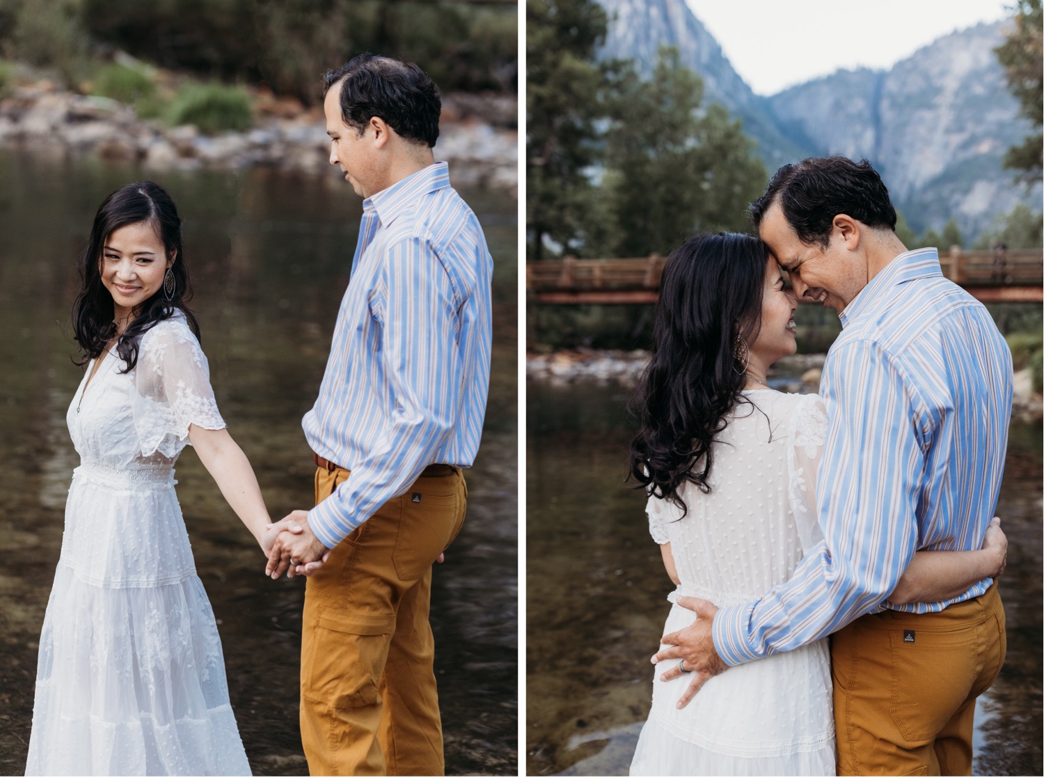 Two images of a cute couple standing together beside a lake in Yosemite National Park.