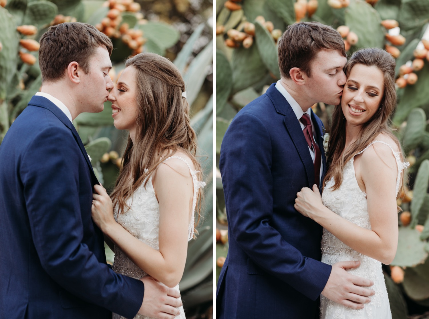 Groom kisses his bride's nose and cheek in front of a large green cactus at The Maples in Woodland, CA