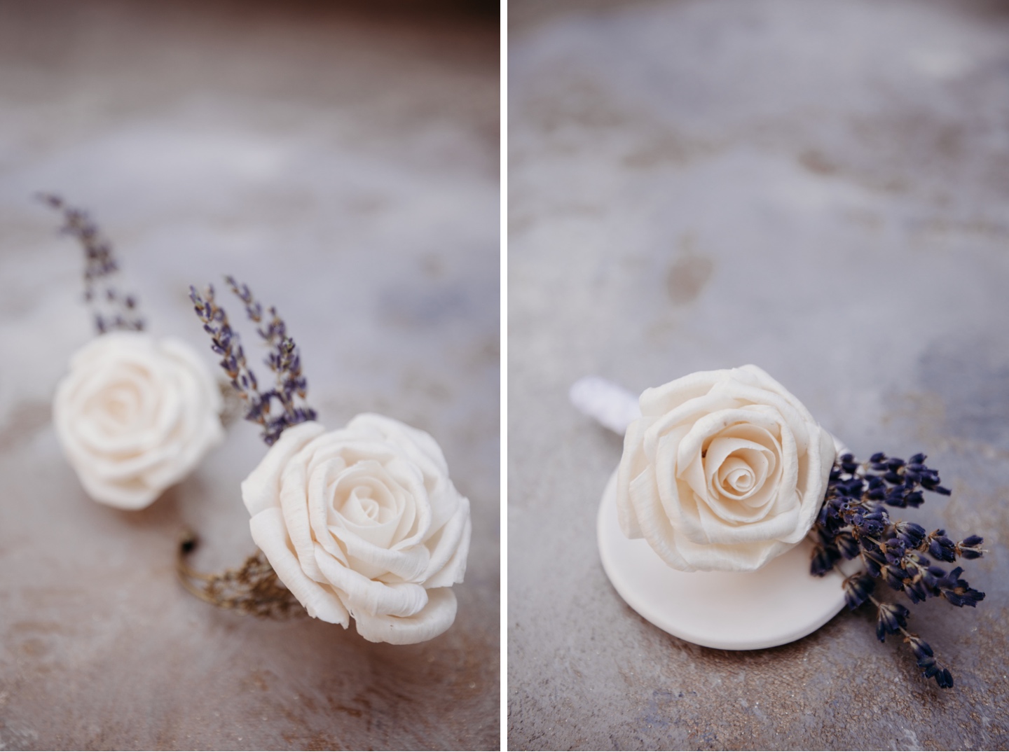 White rose boutonnieres with lavender