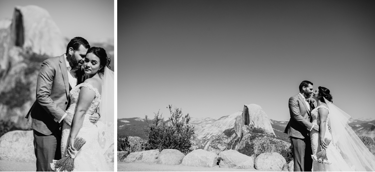 Bride and groom embrace after their Yosemite wedding at Glacier Point.