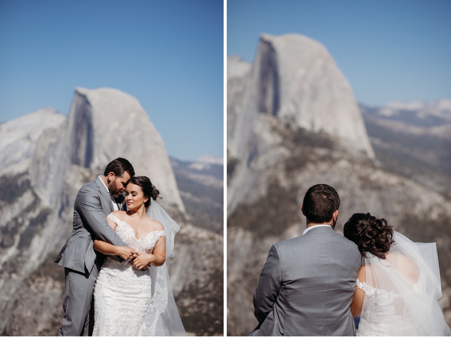 Bride and groom embrace after their Glacier Point wedding with Half Dome in the distance of Yosemite National Park.