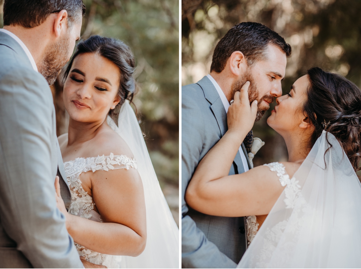Groom whispers in his bride's ear and they lean in for a kiss after their Yosemite elopement.