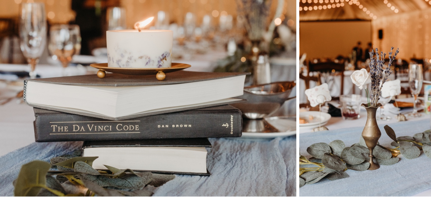 Wedding table centerpieces of books and lavender